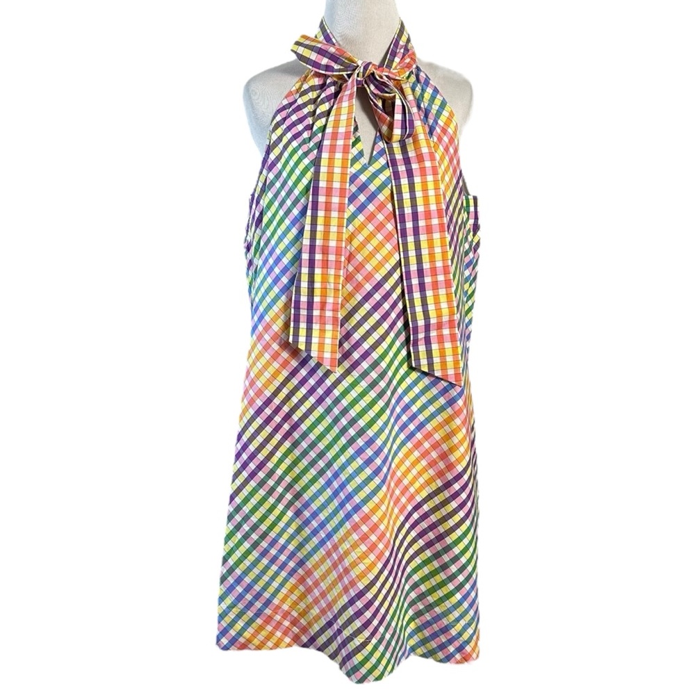 J.Crew Tie Neck Rainbow Gingham Dress Size 8 Plaid Preppy Bow Summer - Picture 9 of 16